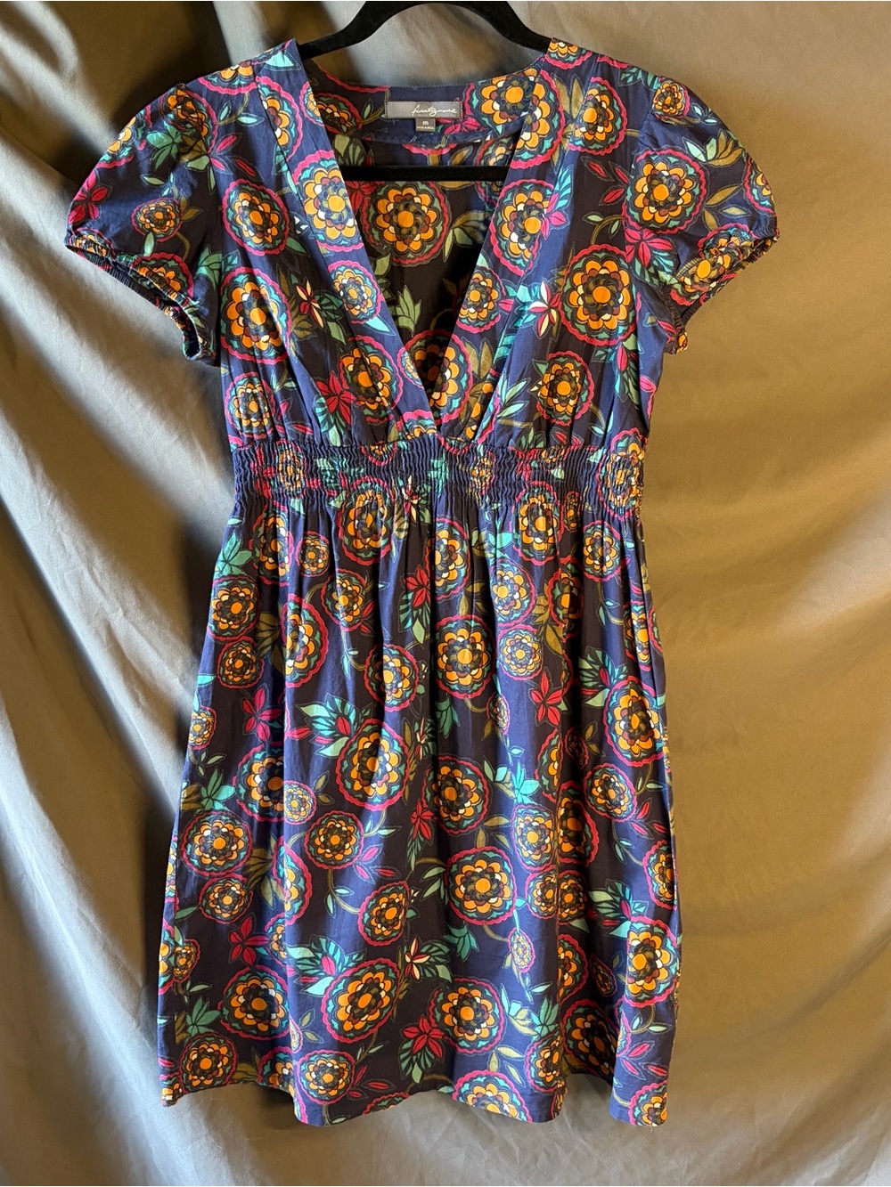 Forever 21 Blue Floral V-Neck A-Line Smocked Waist Casual Mini Dress MED